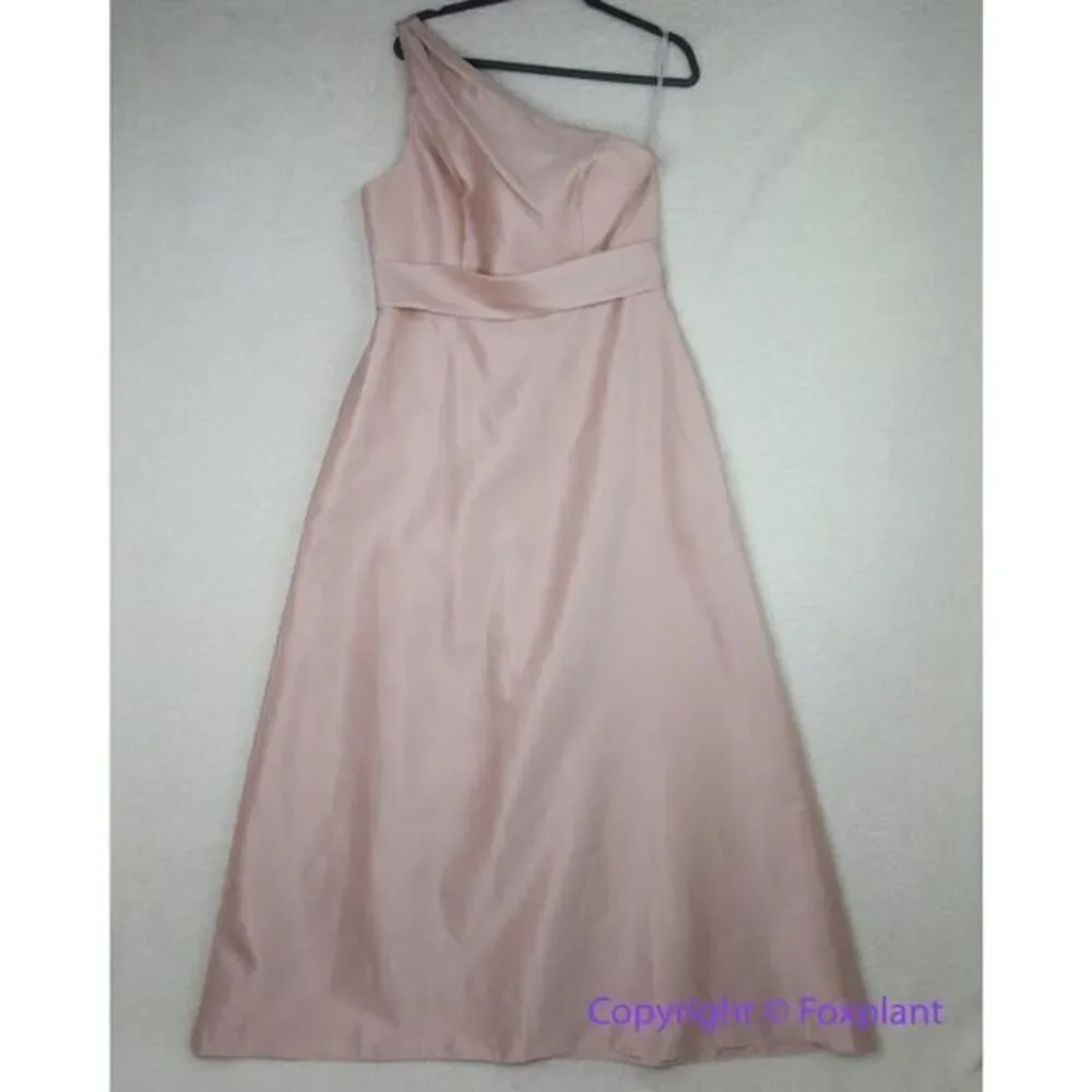 New! Alfred Sung Draped One-Shoulder Satin Maxi Dress in Toasted Sugar, size 14R - Picture 2 of 15